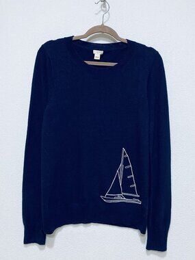 J Crew Sweater Womens Large Navy Blue Embroidered Sailboat Merino Wool Nautical